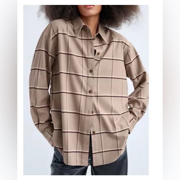 Aritzia Babaton‎ District Flannel Button Up Shirt 2 Riva Cobblestone Beige Plaid - Picture 1 of 8